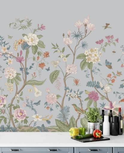 papel de parede de flores e árvores orientais