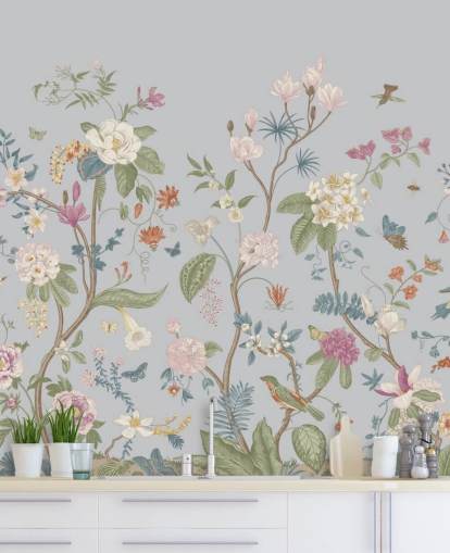 oriental florals and trees wallpaper