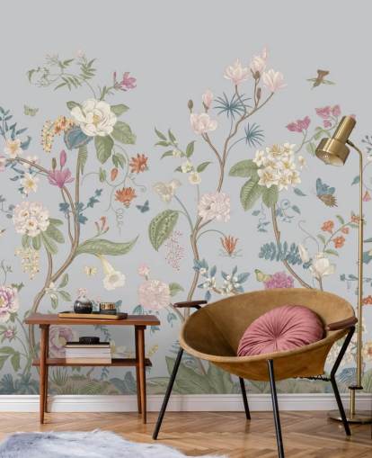 carta da parati con fiori e alberi orientali
