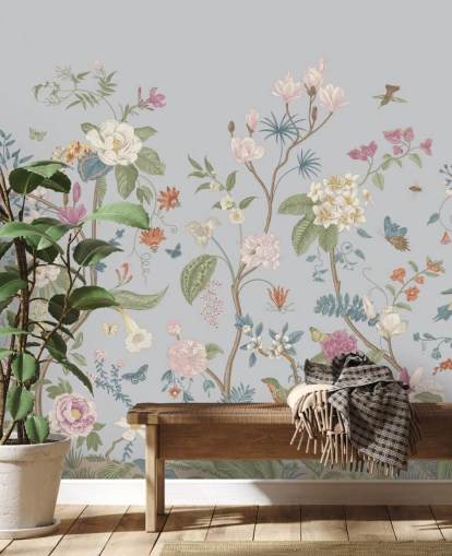 papier peint fleurs et arbres orientaux