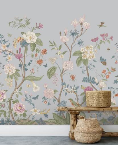 oriental florals and trees wallpaper