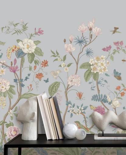papier peint fleurs et arbres orientaux