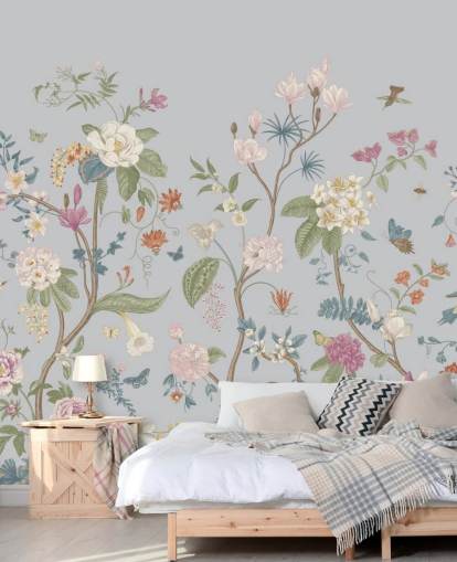 carta da parati con fiori e alberi orientali