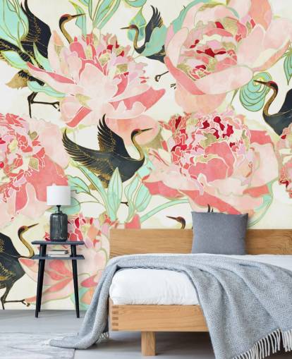 reigers op roze bloemen behang