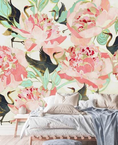 reigers op roze bloemen behang