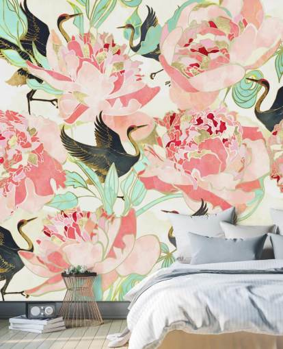 herons on pink flowers wallpaper