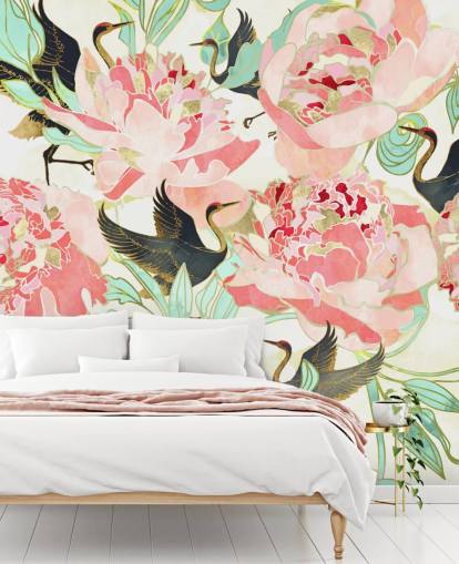 herons on pink flowers wallpaper