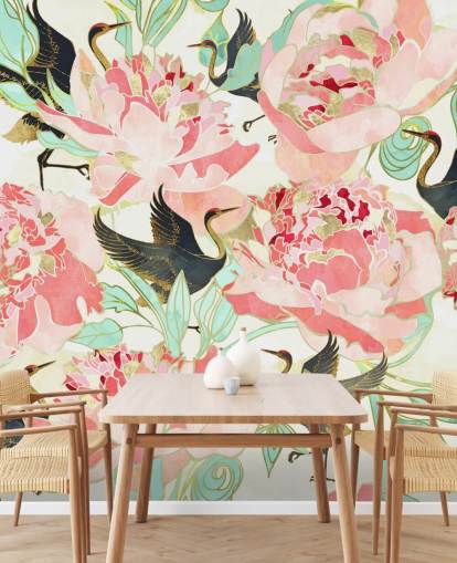 herons on pink flowers wallpaper