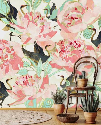 fondo de pantalla garzas sobre flores rosadas