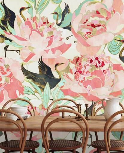 herons on pink flowers wallpaper