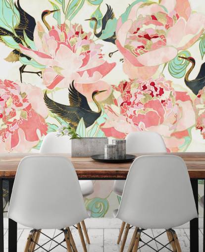 reigers op roze bloemen behang