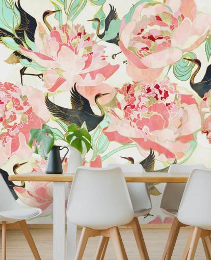 Reiher auf rosa Blumen Tapete