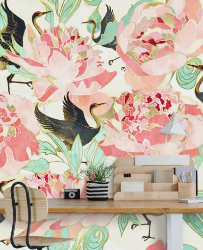 herons on pink flowers wallpaper