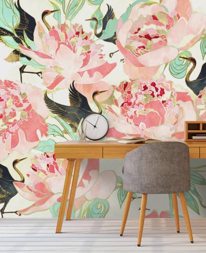 herons on pink flowers wallpaper herons on pink flowers wallpaper