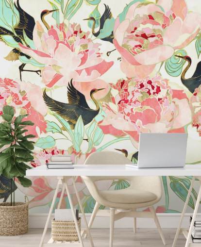 fondo de pantalla garzas sobre flores rosadas