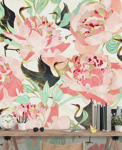 herons on pink flowers wallpaper