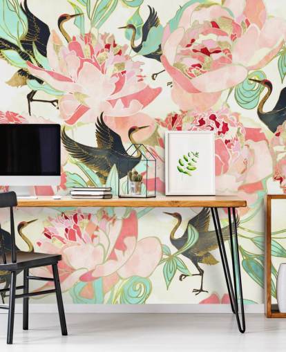 reigers op roze bloemen behang