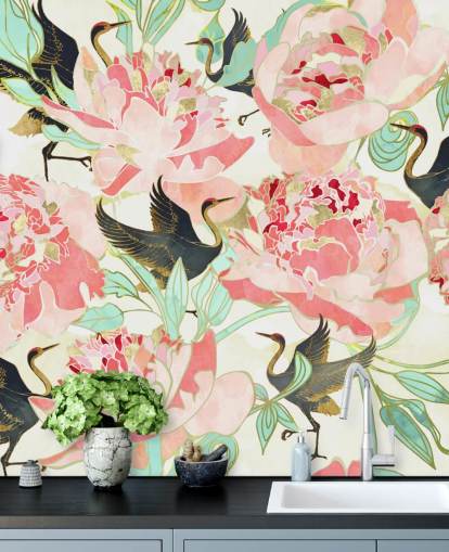 herons on pink flowers wallpaper