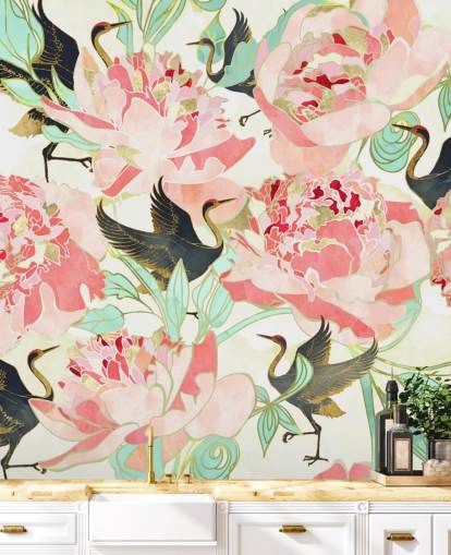 reigers op roze bloemen behang