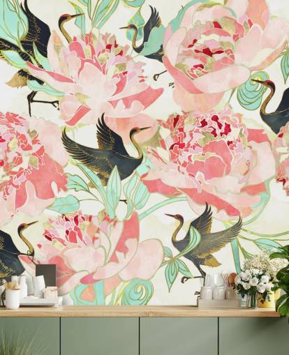 reigers op roze bloemen behang