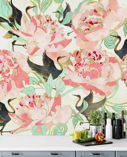 Reiher auf rosa Blumen Tapete