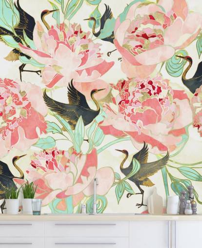 herons on pink flowers wallpaper