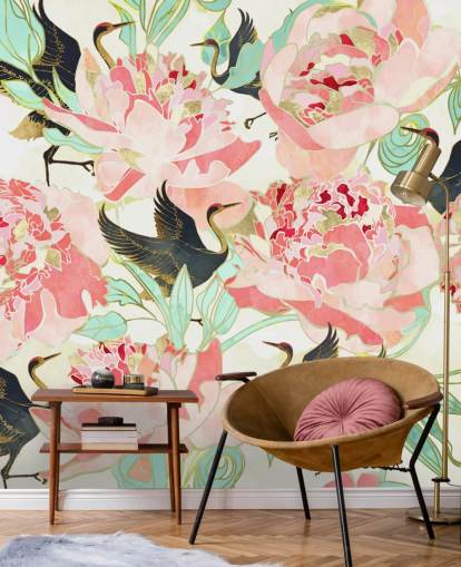 reigers op roze bloemen behang reigers op roze bloemen behang