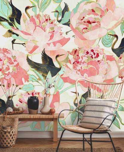 herons on pink flowers wallpaper