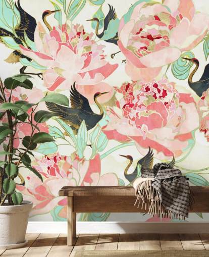 herons on pink flowers wallpaper