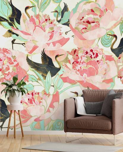 herons on pink flowers wallpaper