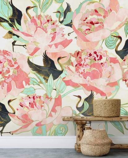 Reiher auf rosa Blumen Tapete