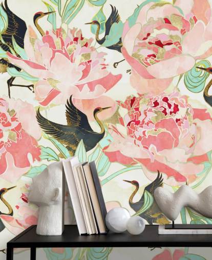 herons on pink flowers wallpaper