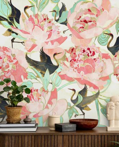 reigers op roze bloemen behang reigers op roze bloemen behang