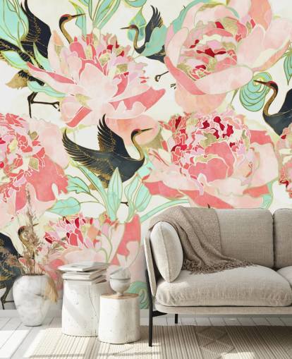 reigers op roze bloemen behang