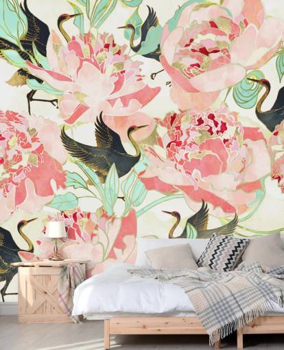 hejre på lyserøde blomster tapet