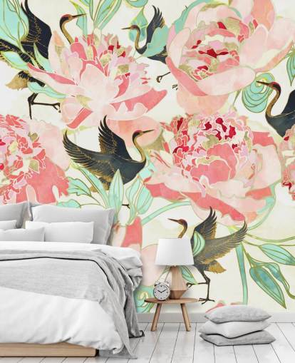 herons on pink flowers wallpaper