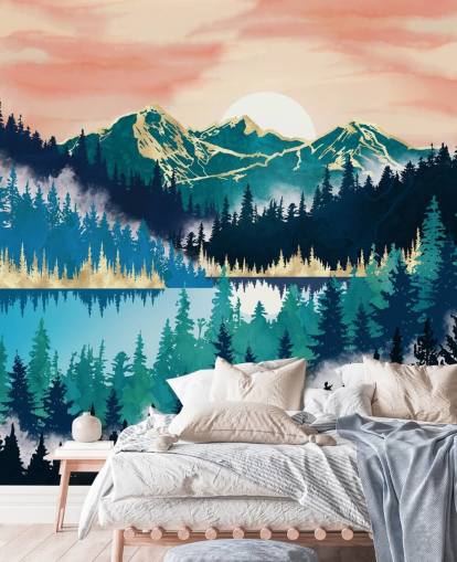 papel pintado montaña turquesa y azul