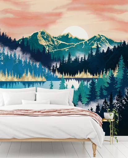 papel pintado montaña turquesa y azul