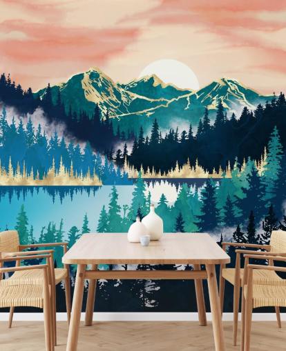 turquoise en blauwe bergbehang