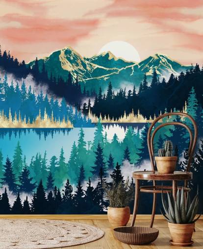 papier peint montagne turquoise et bleu