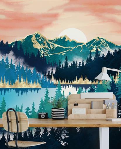 papel pintado montaña turquesa y azul