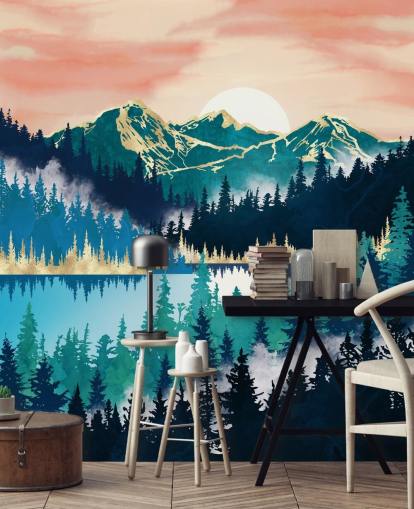 papel pintado montaña turquesa y azul