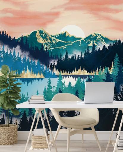 papel pintado montaña turquesa y azul