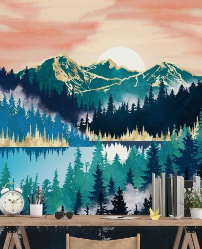 papel pintado montaña turquesa y azul