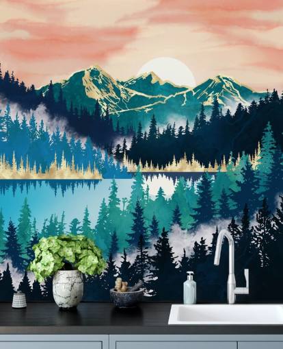 papel pintado montaña turquesa y azul