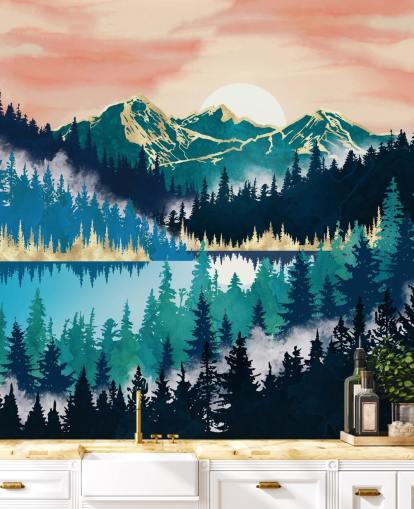 papel pintado montaña turquesa y azul