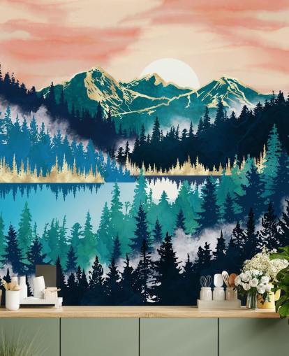 papel pintado montaña turquesa y azul