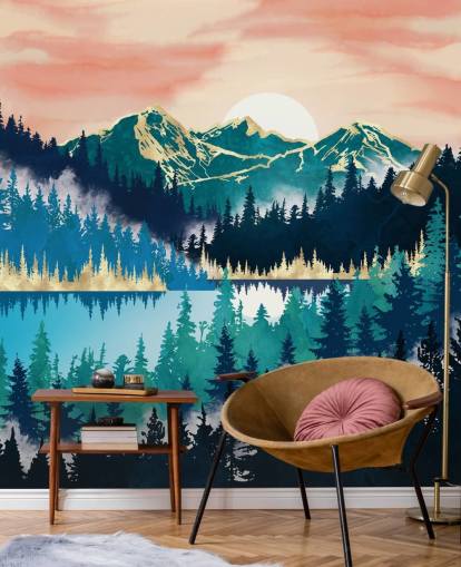 turquoise en blauwe bergbehang