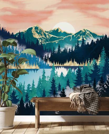 papel pintado montaña turquesa y azul