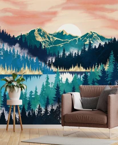 papel pintado montaña turquesa y azul